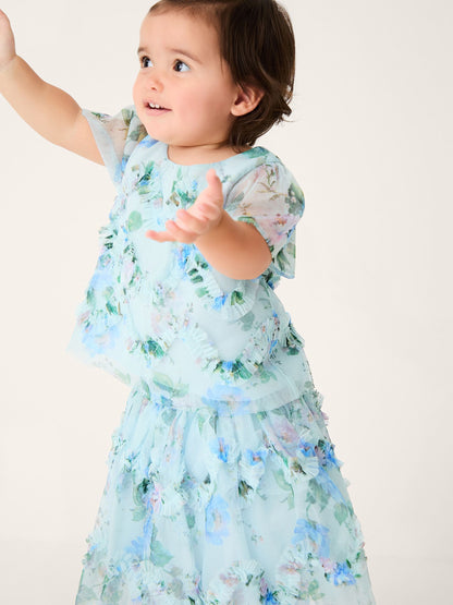 Monsoon Blue Baby Roma Floral Print Ruffle Top & Skirt Set image 1