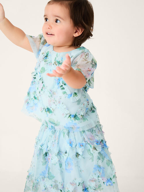 Monsoon Blue Baby Roma Floral Print Ruffle Top & Skirt Set image 1