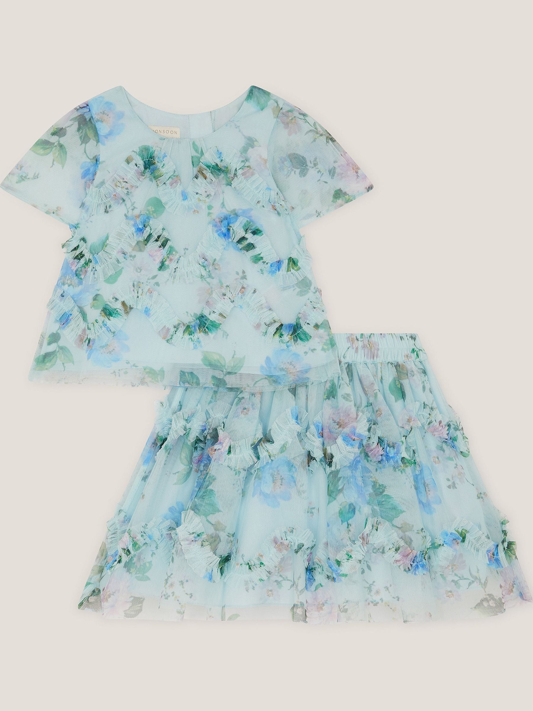 Monsoon Blue Baby Roma Floral Print Ruffle Top & Skirt Set image 2