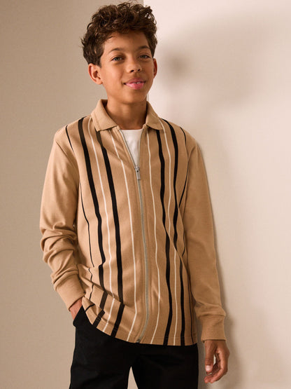 Tan Brown Vertical Stripe Long Sleeve Zip Through Polo Shirt (3-16yrs) - image 1