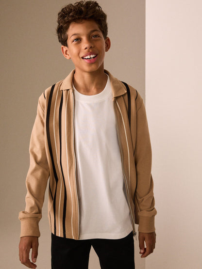 Tan Brown Vertical Stripe Long Sleeve Zip Through Polo Shirt (3-16yrs) - image 2