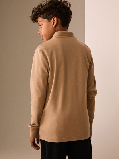 Tan Brown Vertical Stripe Long Sleeve Zip Through Polo Shirt (3-16yrs) - image 3