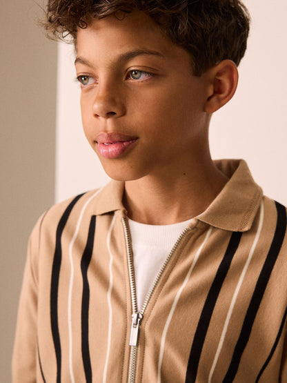 Tan Brown Vertical Stripe Long Sleeve Zip Through Polo Shirt (3-16yrs) - image 4