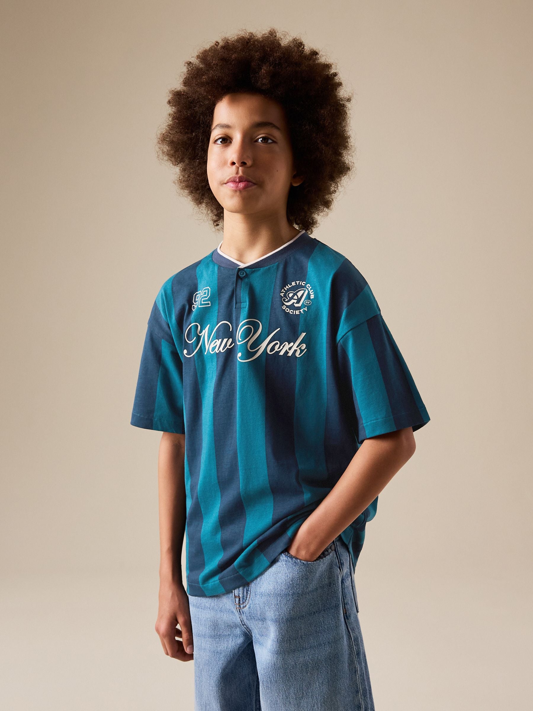 Dsiney Kidz - Teal/Navy Varsity Stripe Short Sleeve Graphic T-Shirt (3-16yrs) image 1