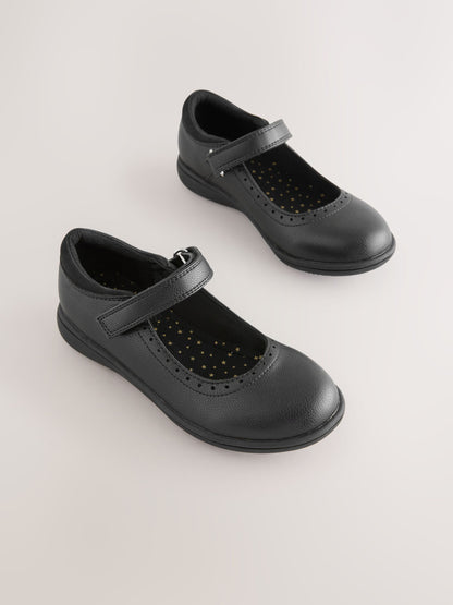 Black Matt Wide Fit (G) School Brogue Detail Mary Jane Shoes image 1