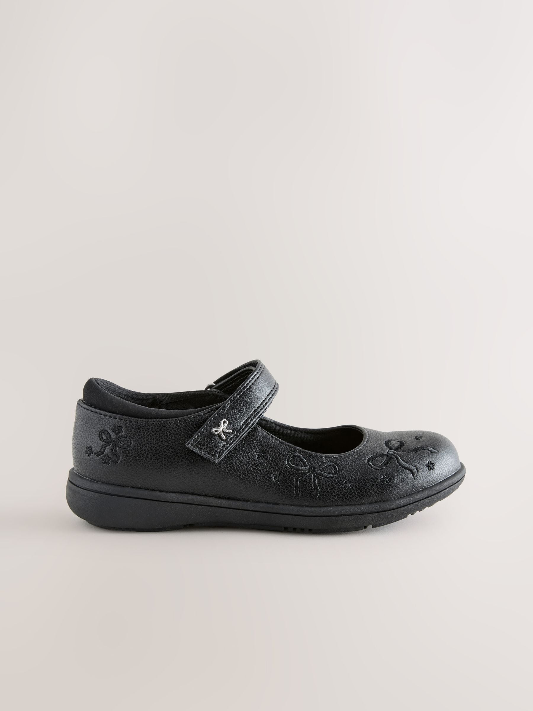 Black Matt Standard Fit (F) Embroidery Bow Mary Jane School Shoes image 2