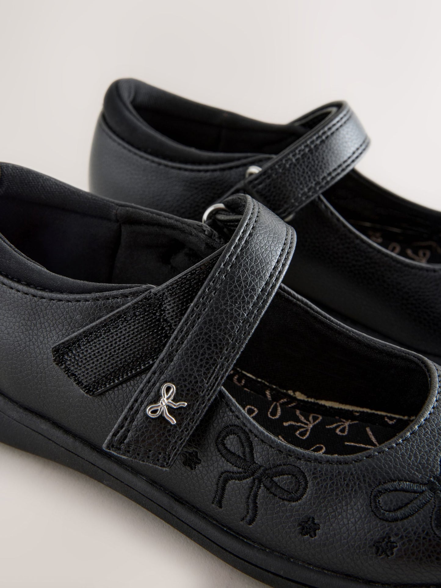 Black Matt Standard Fit (F) Embroidery Bow Mary Jane School Shoes image 3