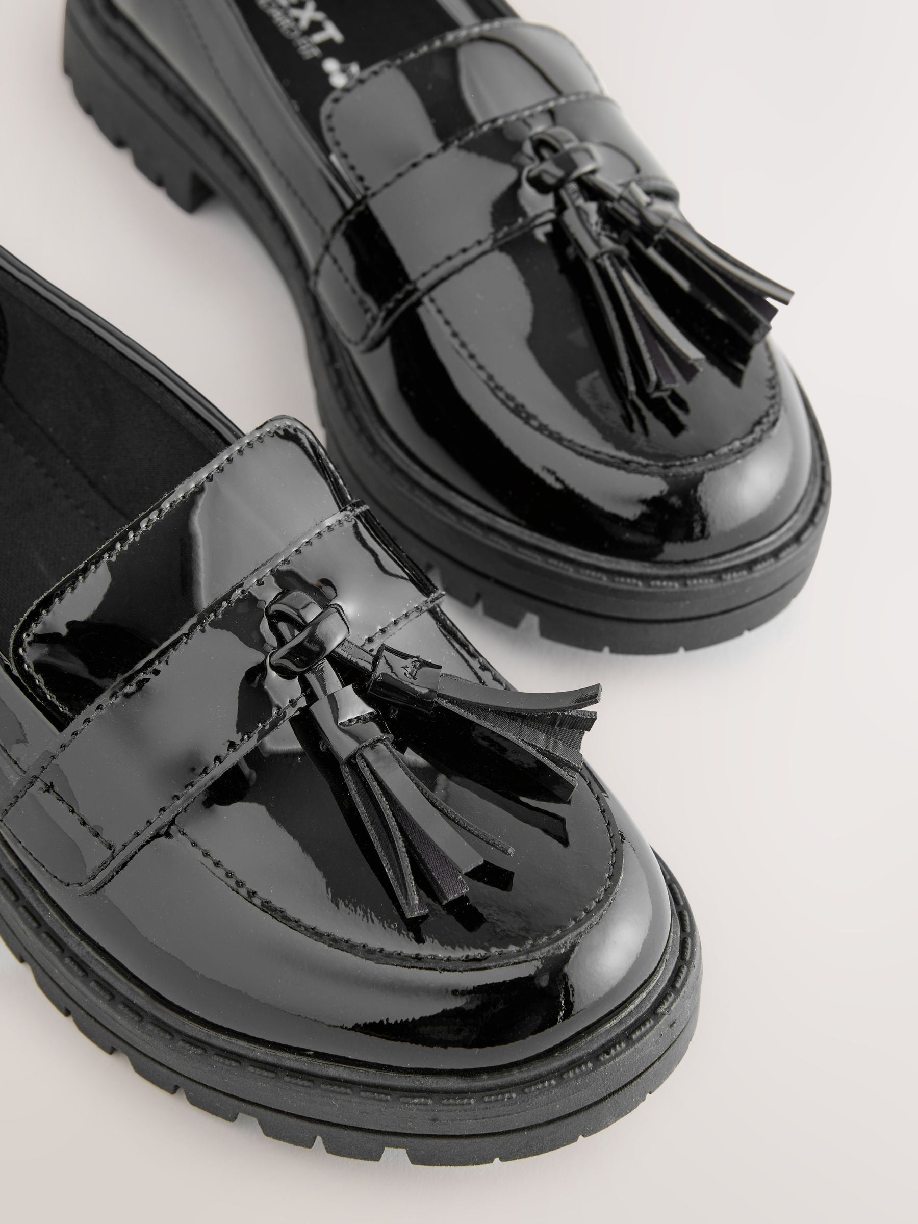 Black Patent Leather Standard Fit (F) School Chunky Tassel Loafers image 3