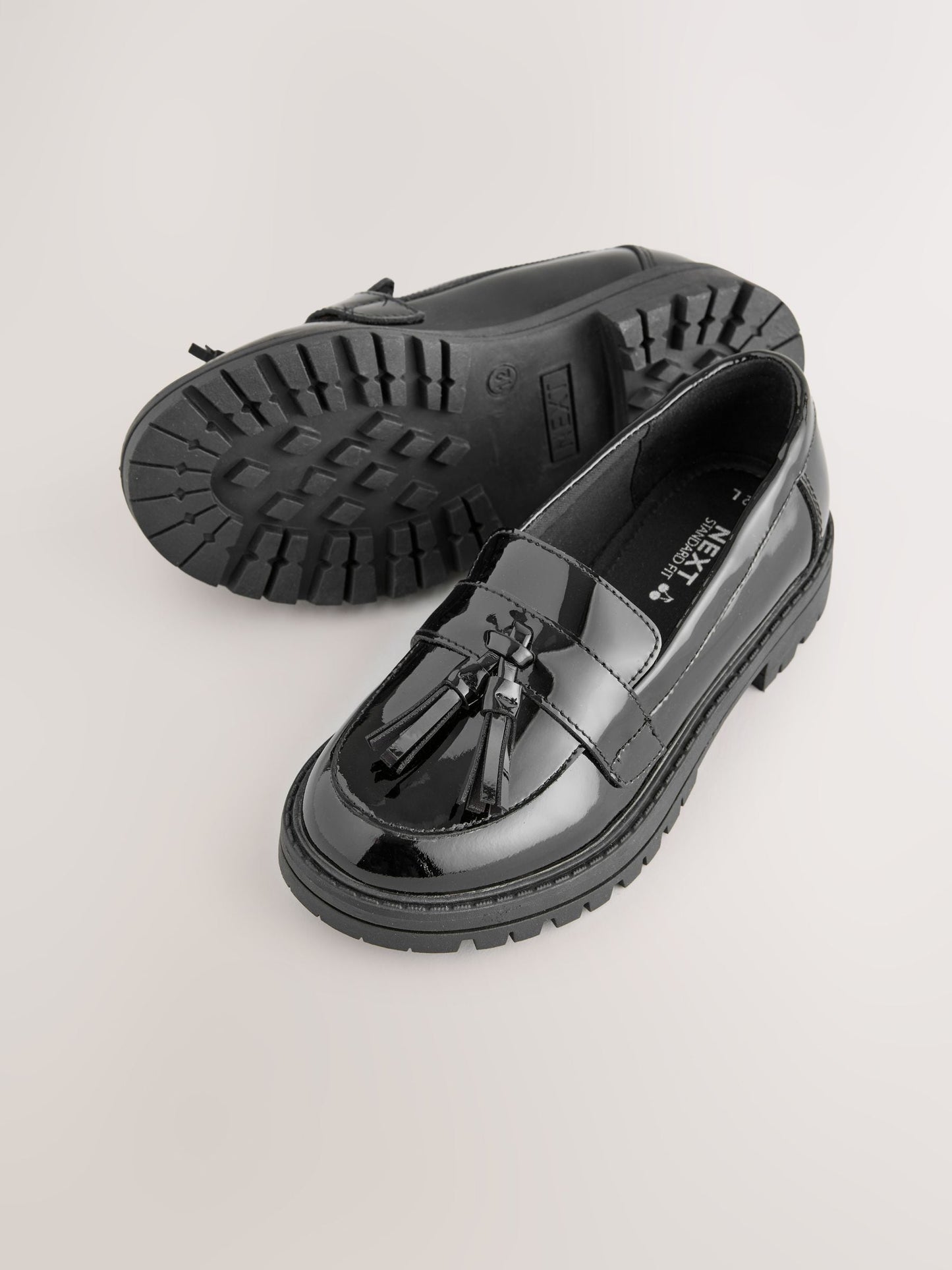 Black Patent Leather Standard Fit (F) School Chunky Tassel Loafers image 4