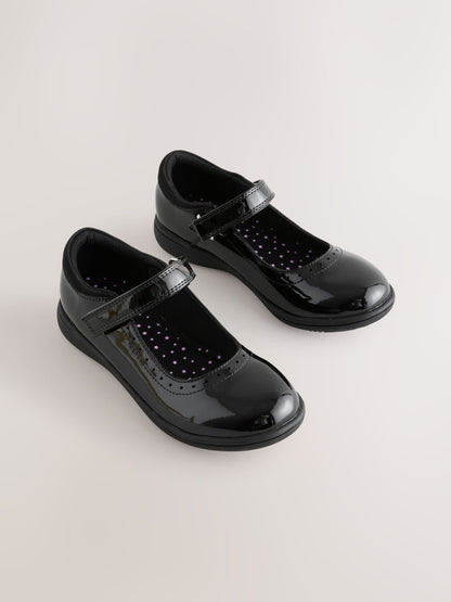 Black Patent Narrow Fit (E) School Brogue Detail Mary Jane Shoes image 1