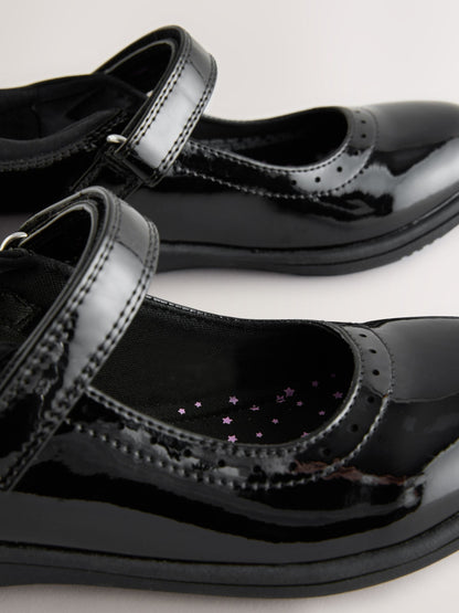 Black Patent Narrow Fit (E) School Brogue Detail Mary Jane Shoes image 3