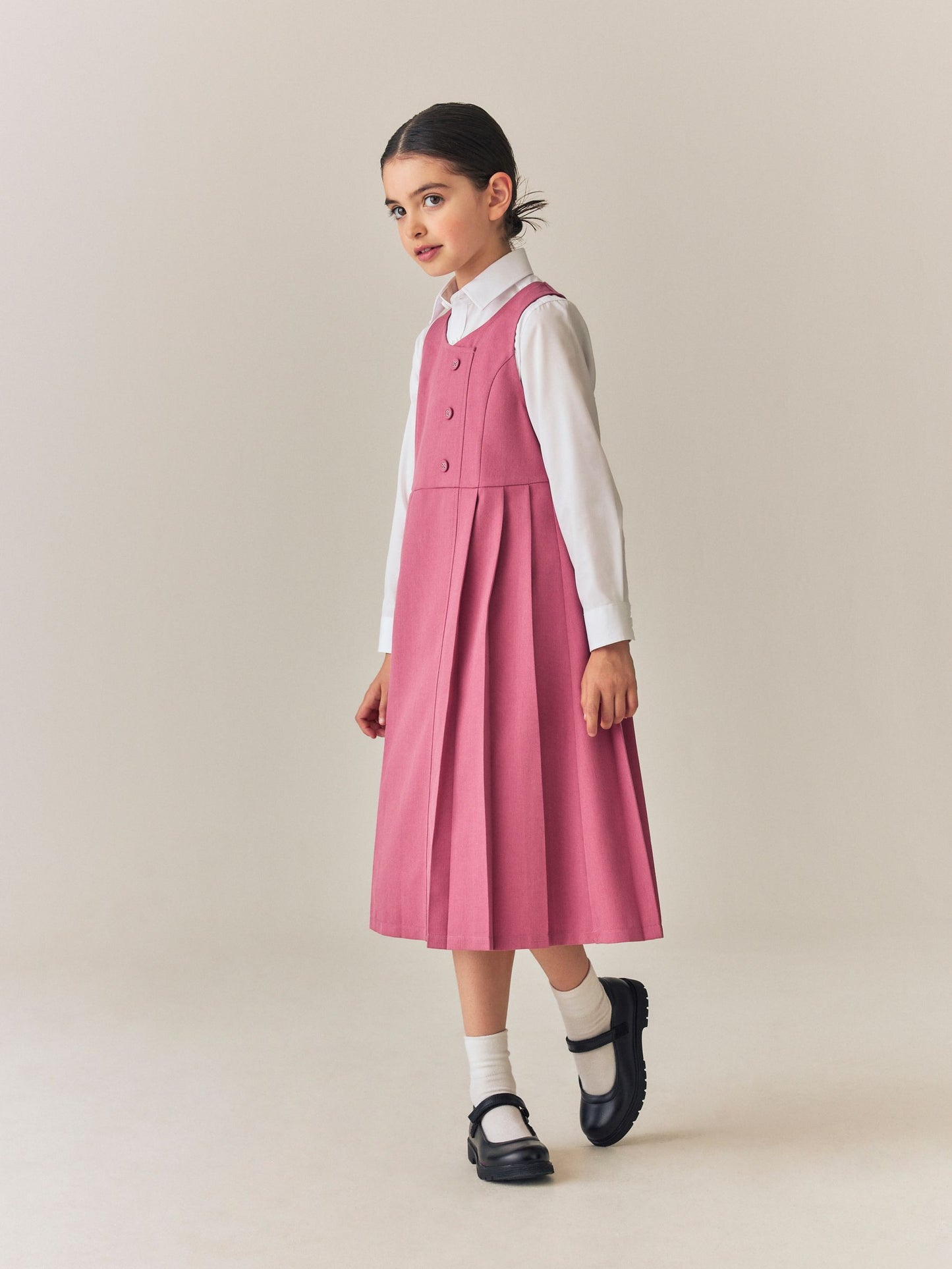 Dsiney Kidz - Pink Asymmetric Button Front Long Pinafore School Dress (3-14yrs) image 1