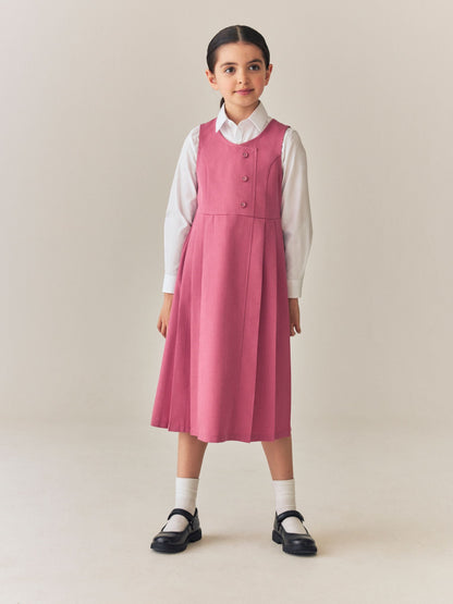 Dsiney Kidz - Pink Asymmetric Button Front Long Pinafore School Dress (3-14yrs) image 2