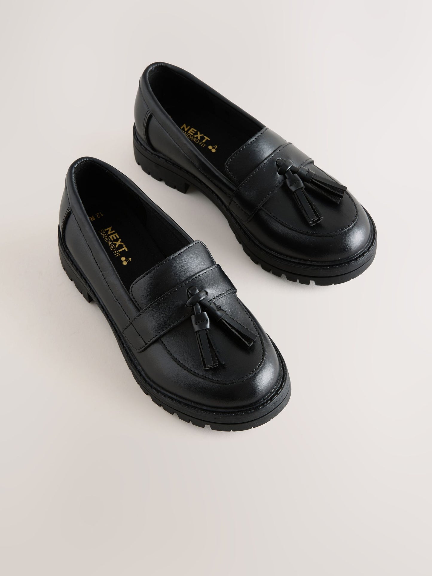 Black Matt Leather Standard Fit (F) School Chunky Tassel Loafers image 1
