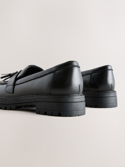 Black Matt Leather Standard Fit (F) School Chunky Tassel Loafers image 4