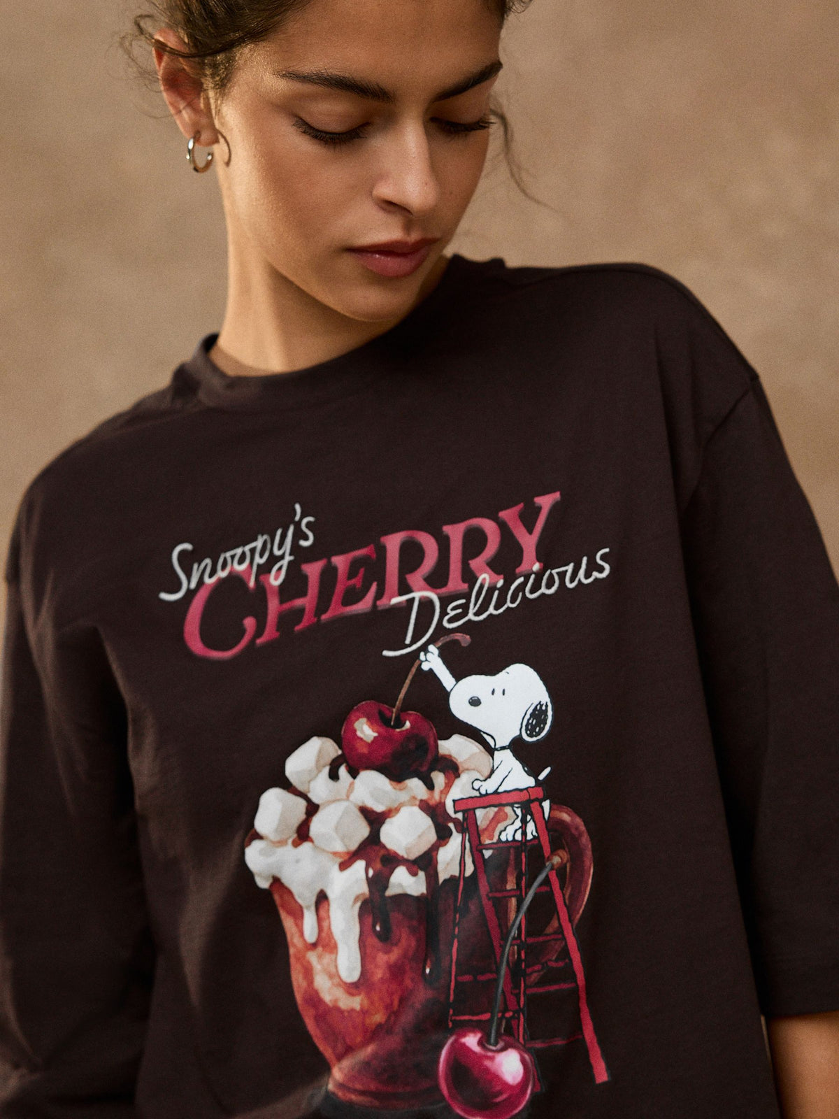Brown Snoopy Licence Boxy Elbow Sleeve Crew Neck T-Shirt - image 1