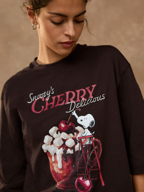 Brown Snoopy Licence Boxy Elbow Sleeve Crew Neck T-Shirt - image 1