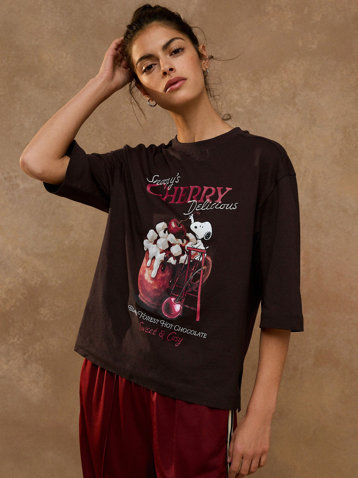 Brown Snoopy Licence Boxy Elbow Sleeve Crew Neck T-Shirt - image 3