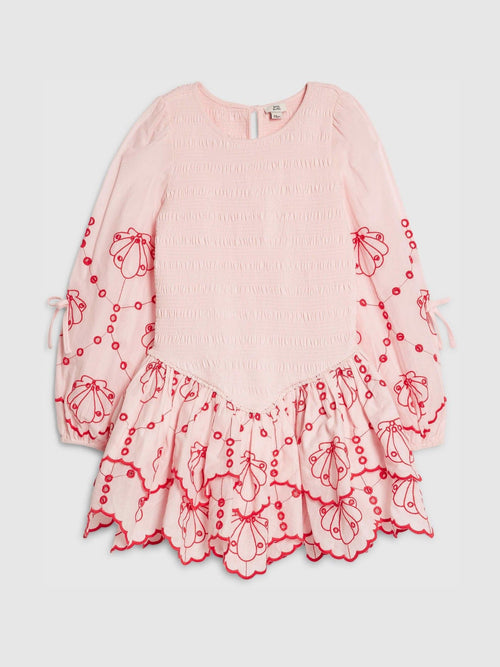 River Island Pink Long Sleeve Embroidered Shirred Dress image 1