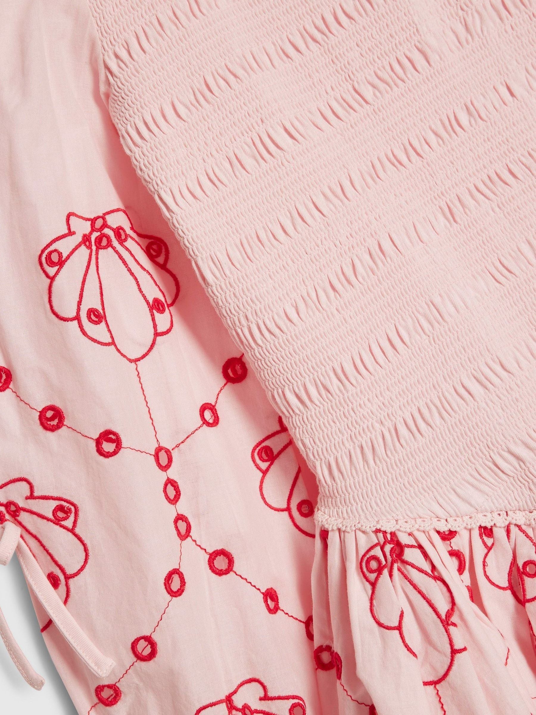 River Island Pink Long Sleeve Embroidered Shirred Dress image 3