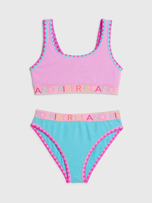 Dsiney Kidz - River Island Pink and Blue Colour Block Textured Logo Bikini image 1