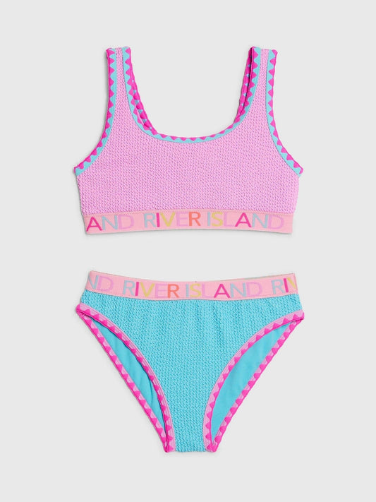 Dsiney Kidz - River Island Pink and Blue Colour Block Textured Logo Bikini image 1