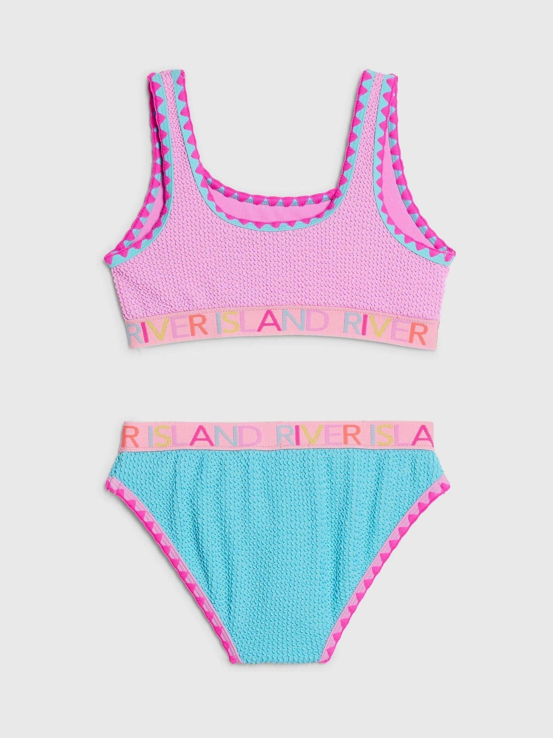 Dsiney Kidz - River Island Pink and Blue Colour Block Textured Logo Bikini image 2