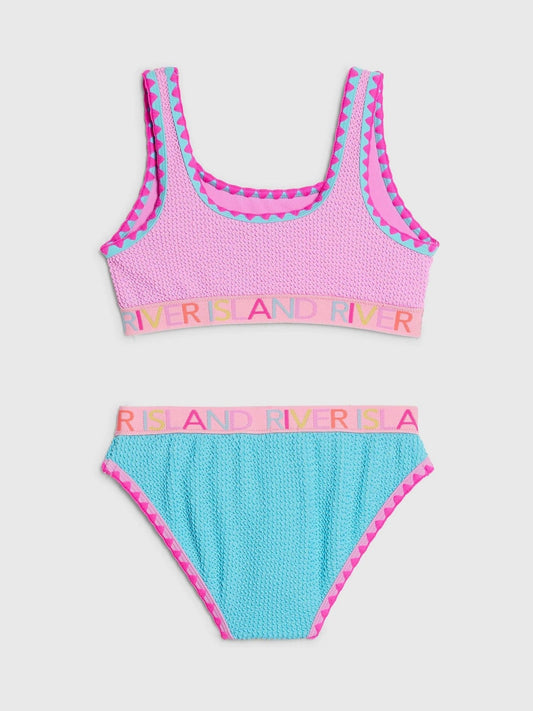 Dsiney Kidz - River Island Pink and Blue Colour Block Textured Logo Bikini image 2