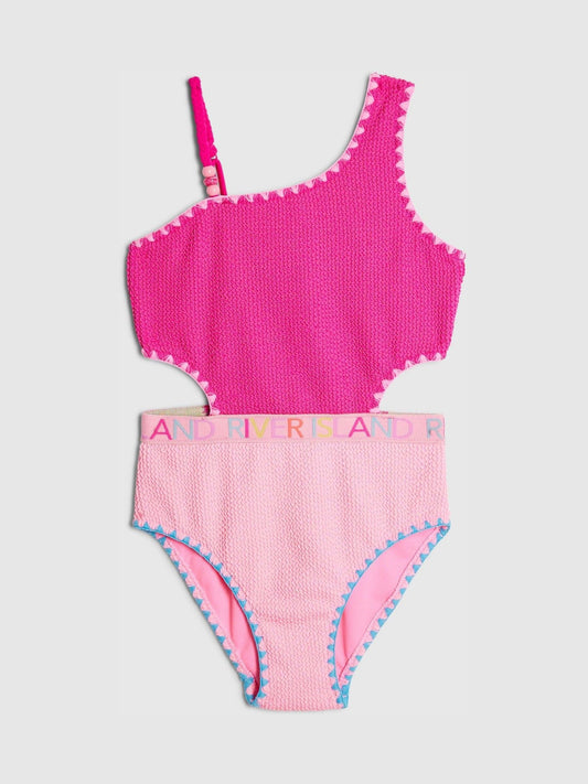 Dsiney Kidz - River Island Pink Asymmetric Textured Logo Swimsuit image 1
