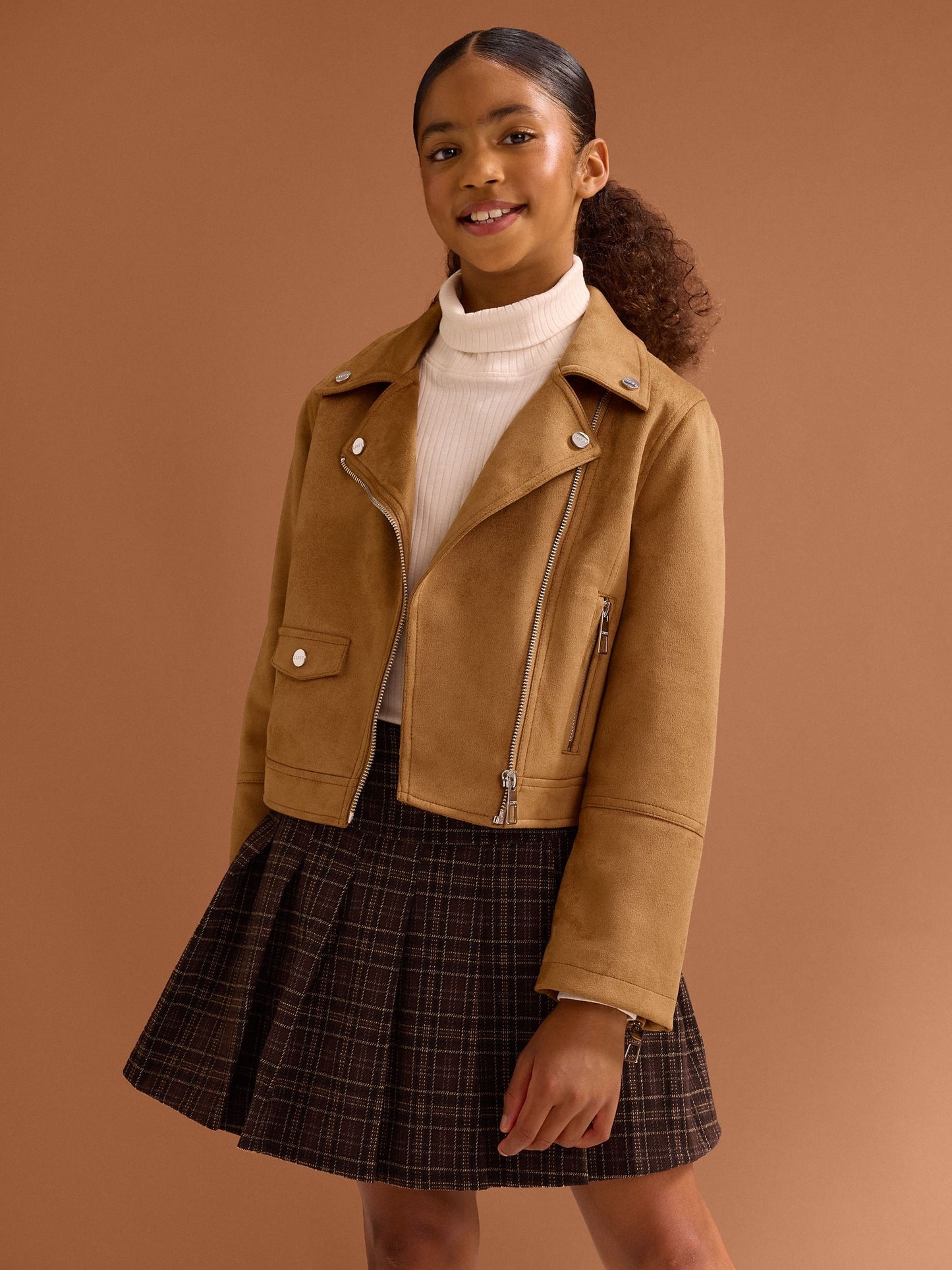 Dsiney Kidz - Lipsy Tan Brown Suedette Biker Jacket (5-16yrs) image 1
