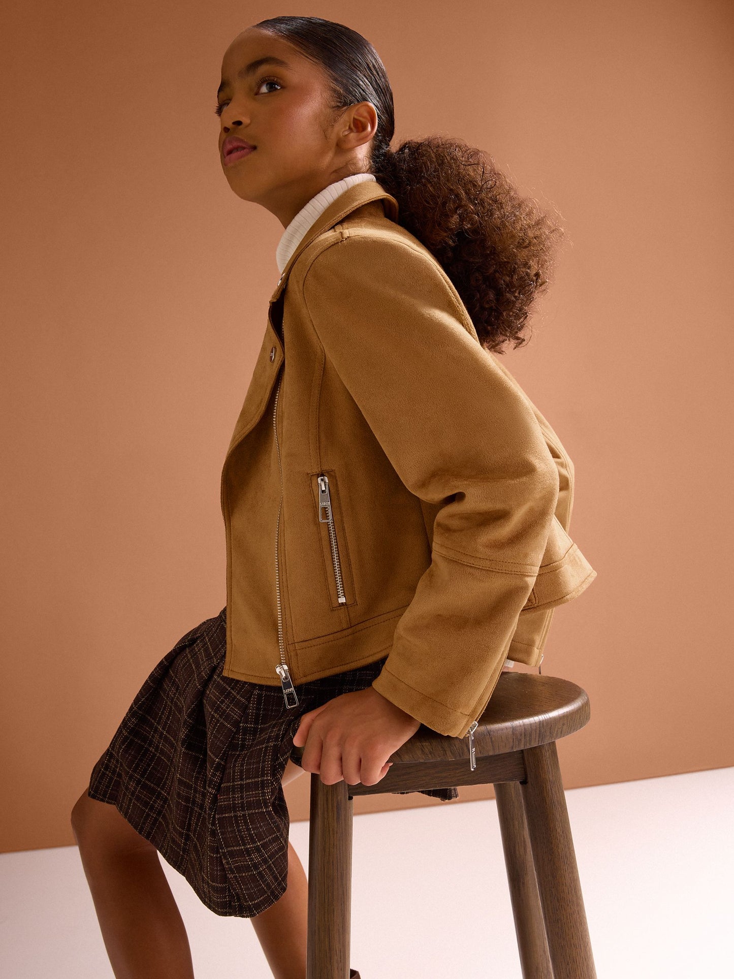 Dsiney Kidz - Lipsy Tan Brown Suedette Biker Jacket (5-16yrs) image 5