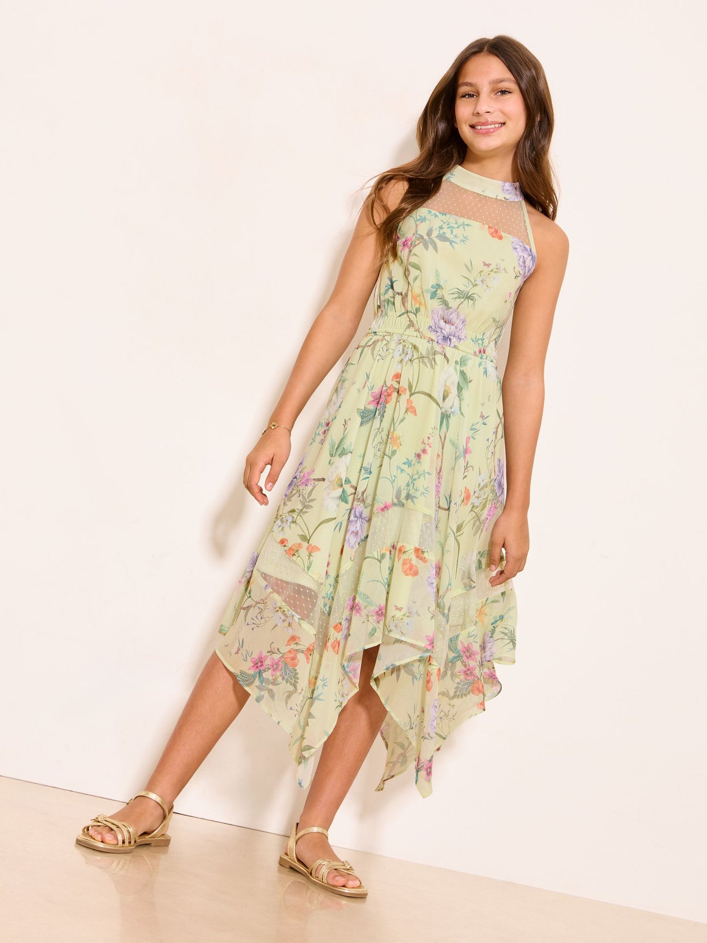 Lipsy Green Floral Lace Hanky Hem Occasion Dress (5-16yrs) image 1