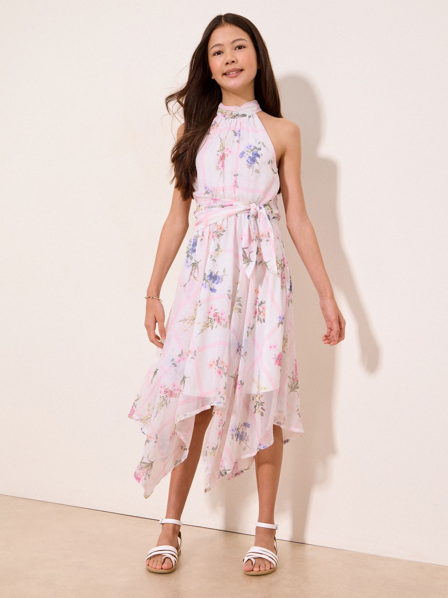 Lipsy White Floral Hanky Hem Halter Occasion Dress (5-16yrs) image 1