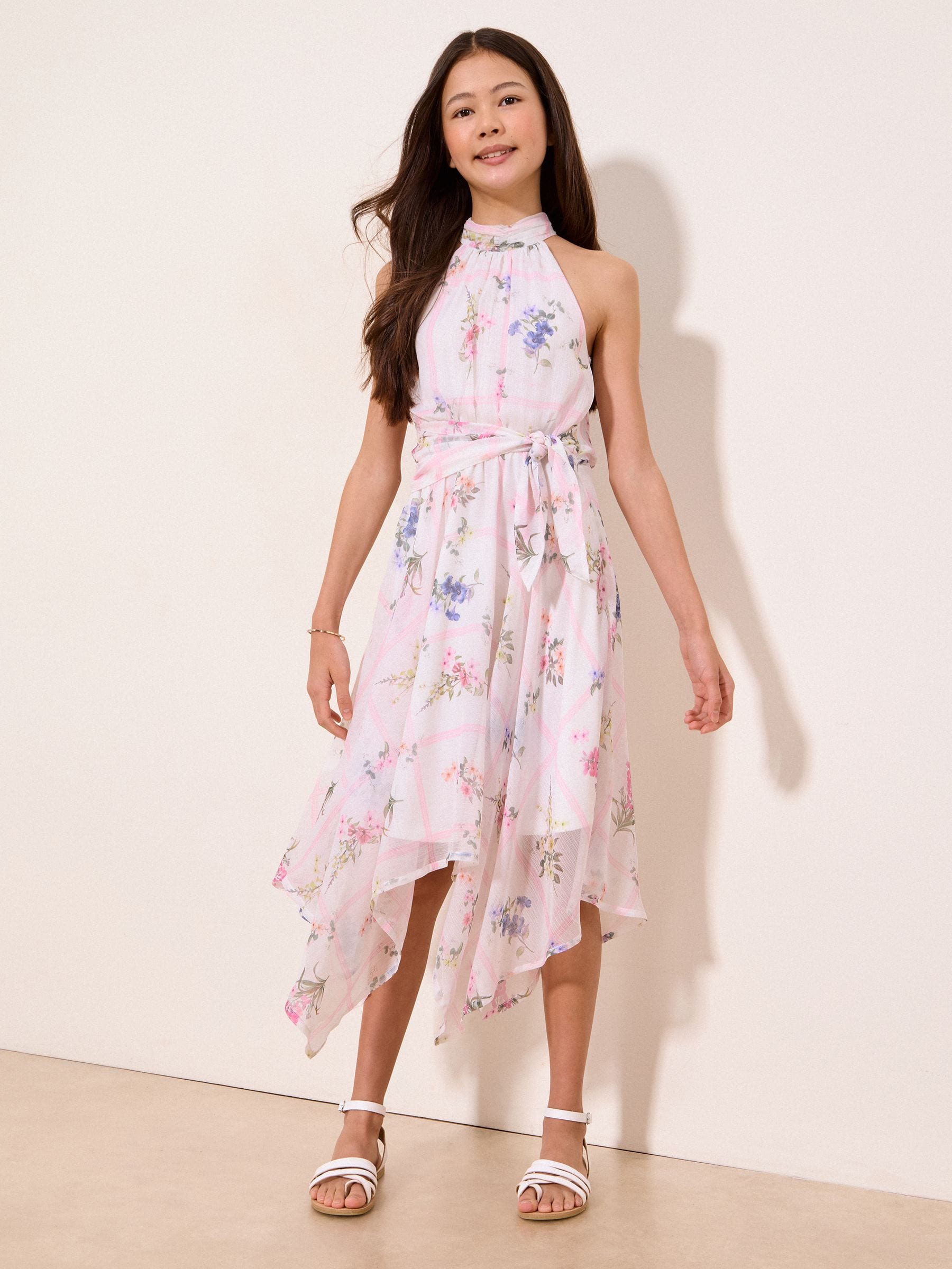 Lipsy White Floral Hanky Hem Halter Occasion Dress (5-16yrs) image 1