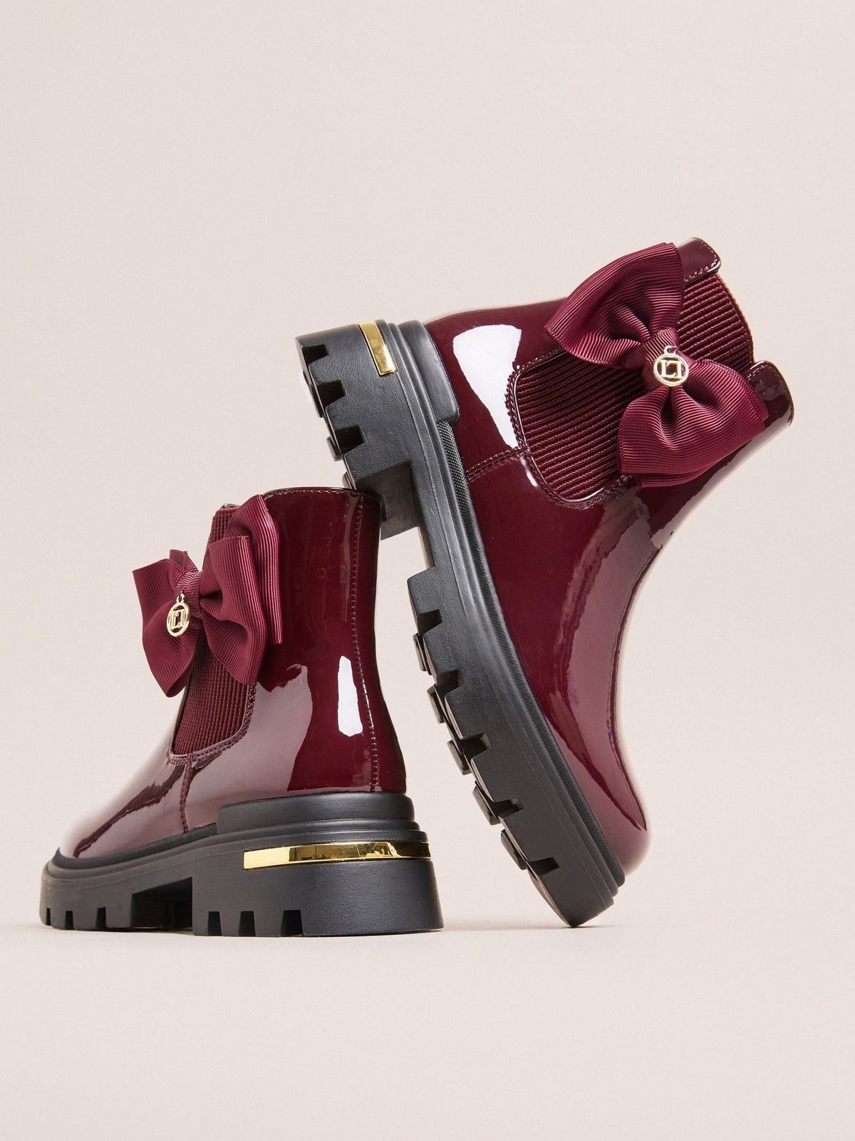 Dsiney Kidz - Lipsy Burgundy Red Red Patent Faux Leather Bow Elasticated Heel Clip Ankle Chelsea Boots image 1