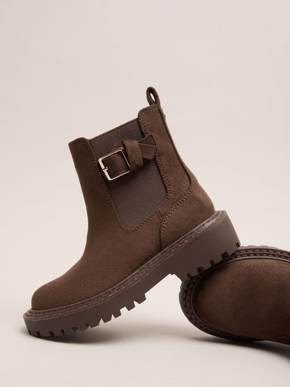 Dsiney Kidz - Lipsy Chocolate Brown Faux Suede Elasticated Gusset Buckle Chelsea Ankle Boots image 1