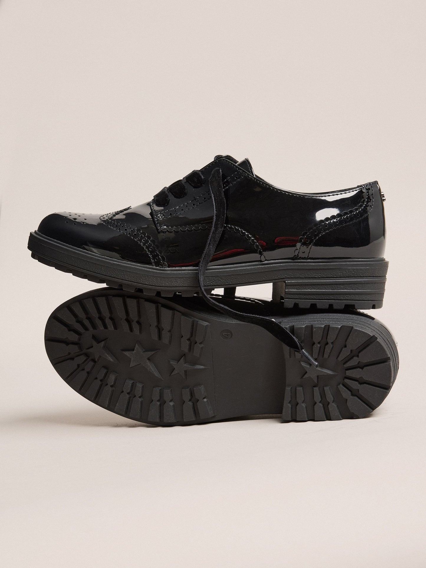Lipsy Black Standard Fit (F) Patent Faux Leather Lace Up Brogue School Shoes image 3