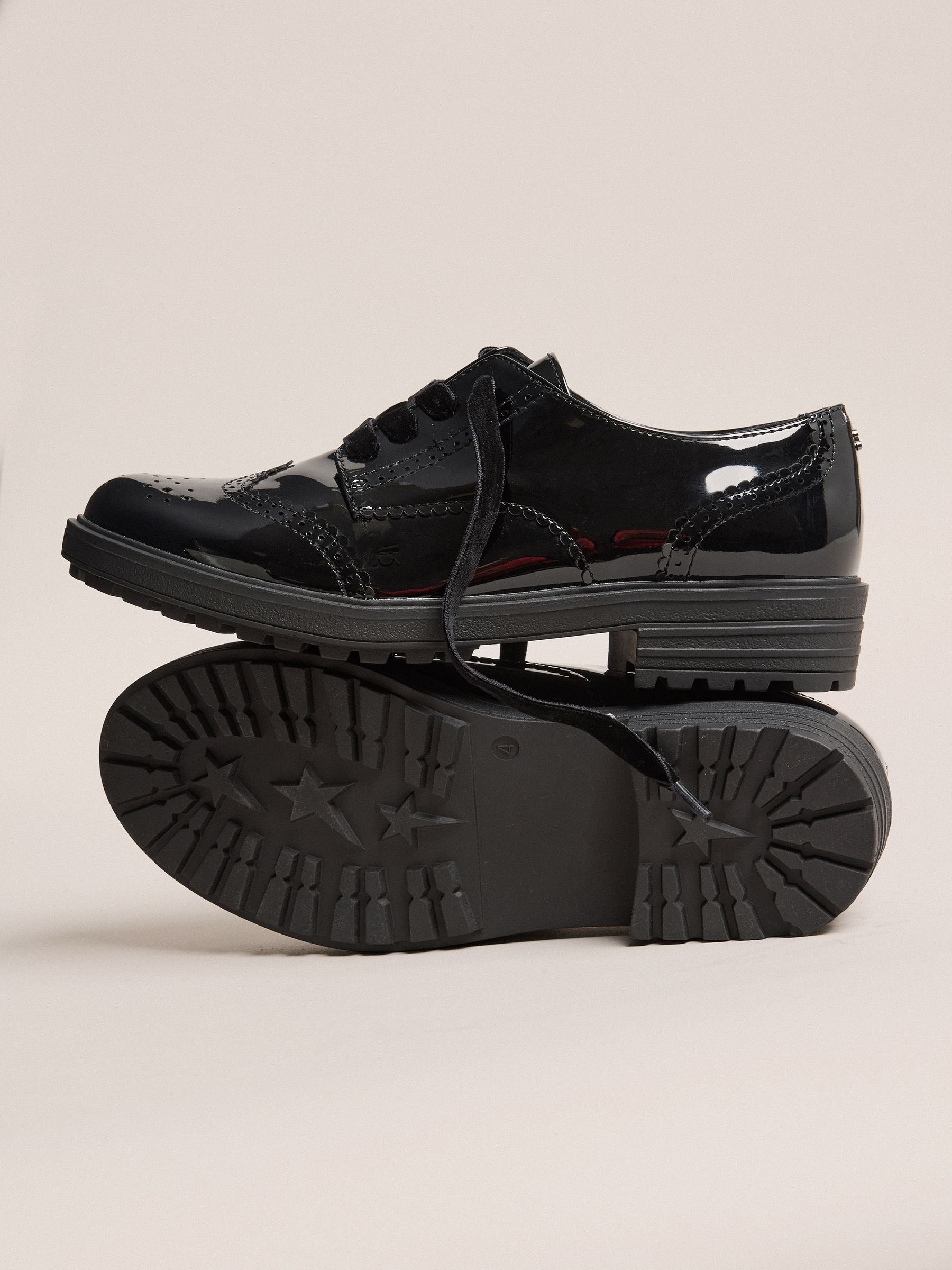 Lipsy Black Standard Fit (F) Patent Faux Leather Lace Up Brogue School Shoes image 3