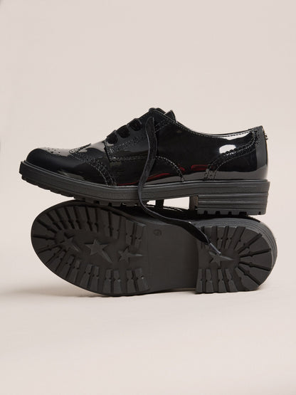 Lipsy Black Standard Fit (F) Patent Faux Leather Lace Up Brogue School Shoes image 3