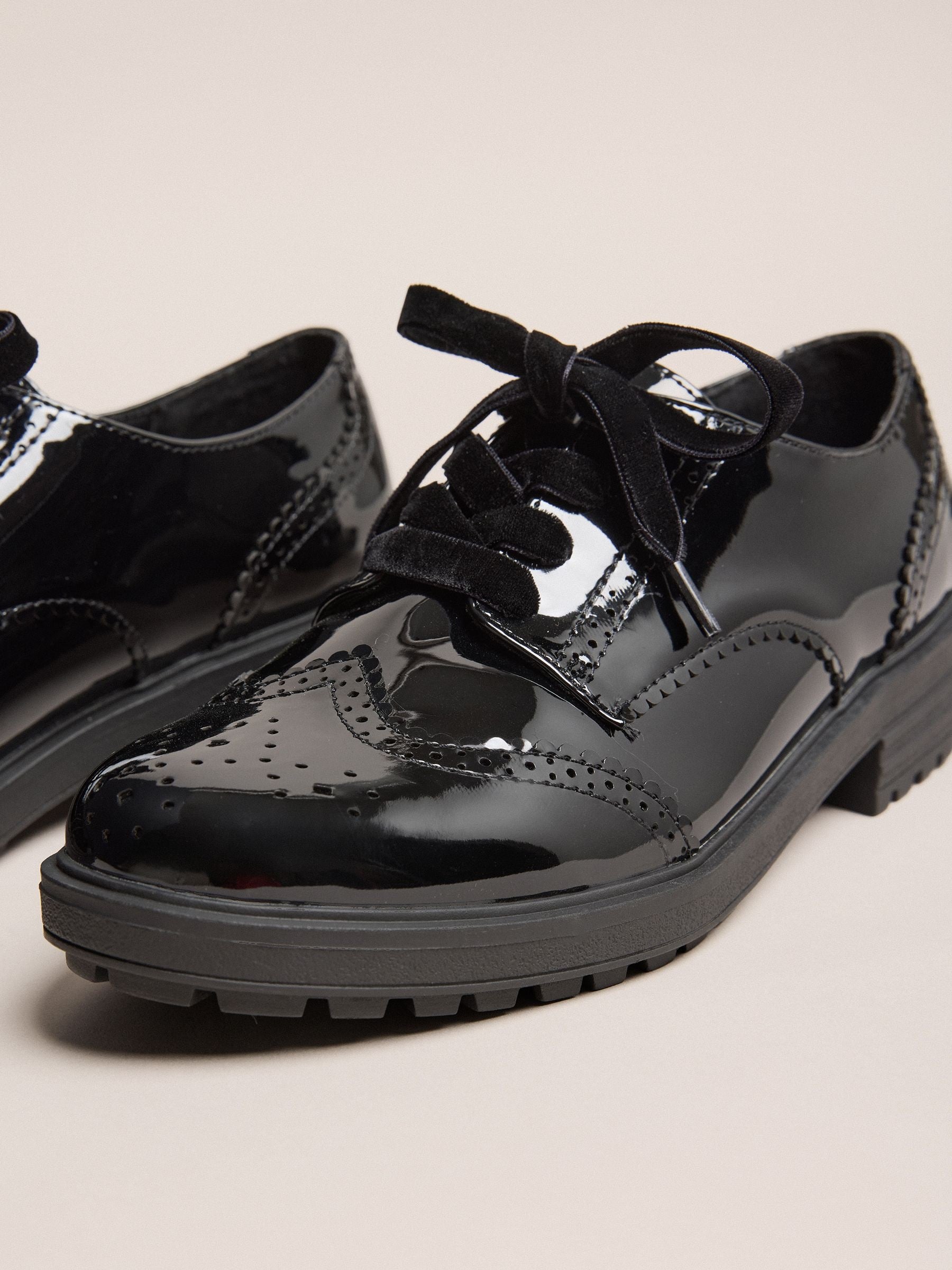 Lipsy Black Standard Fit (F) Patent Faux Leather Lace Up Brogue School Shoes image 4