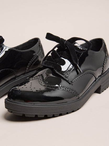 Lipsy Black Standard Fit (F) Patent Faux Leather Lace Up Brogue School Shoes image 4
