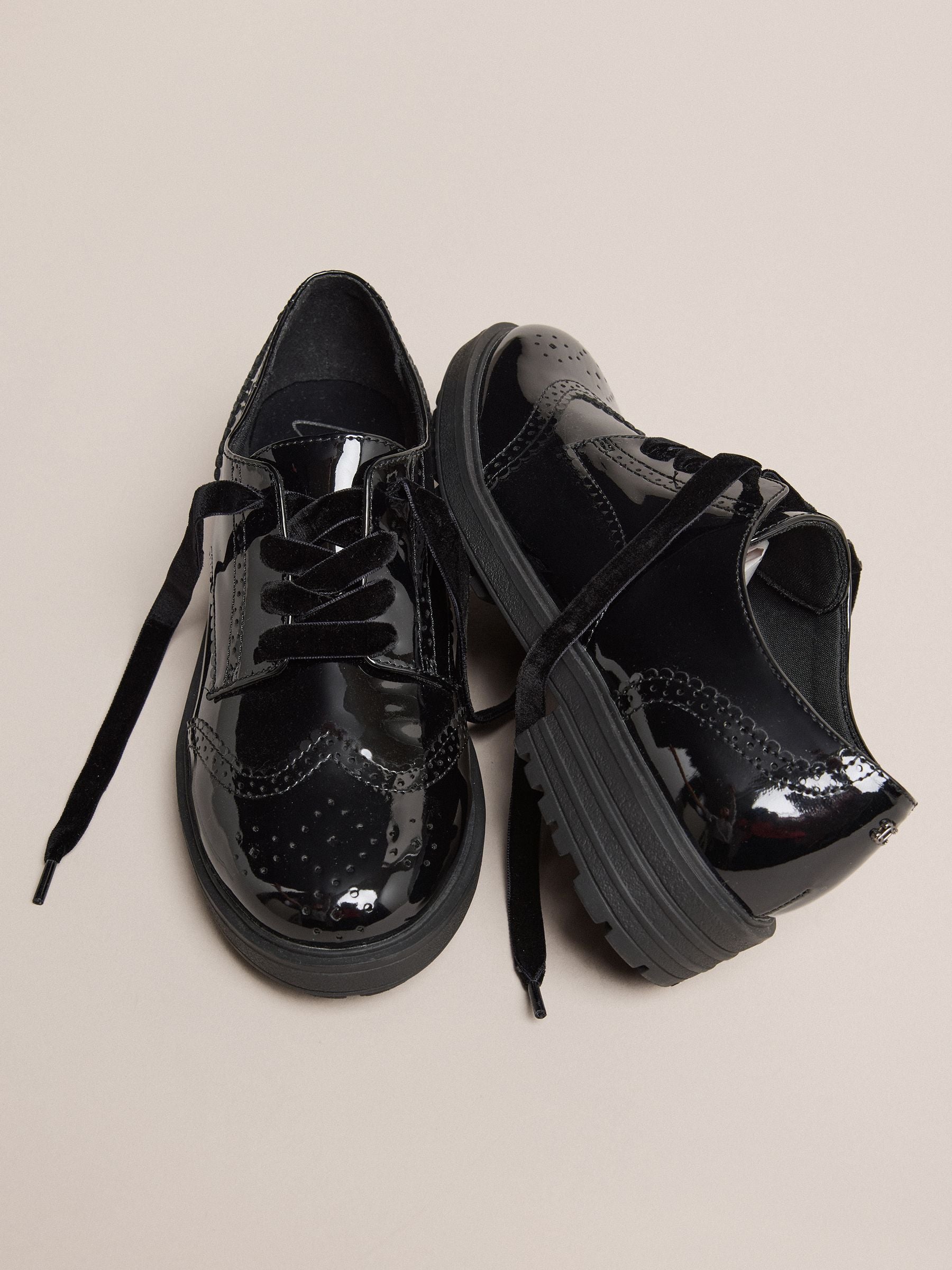 Lipsy Black Standard Fit (F) Patent Faux Leather Lace Up Brogue School Shoes image 5