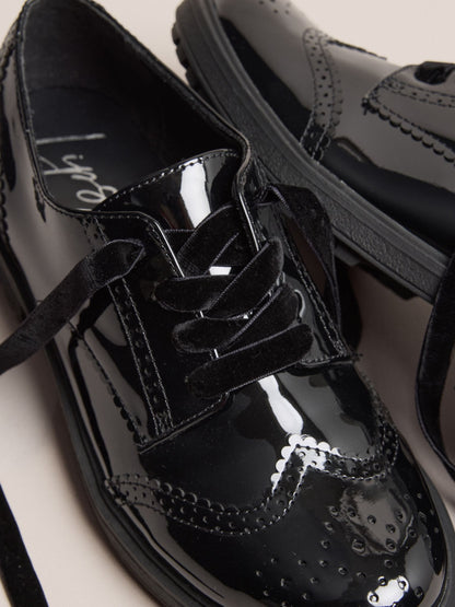 Lipsy Black Standard Fit (F) Patent Faux Leather Lace Up Brogue School Shoes image 6