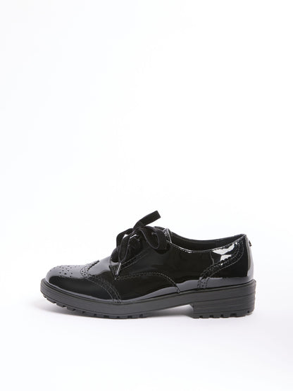 Lipsy Black Standard Fit (F) Patent Faux Leather Lace Up Brogue School Shoes image 7