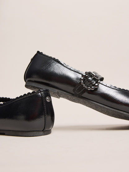 Dsiney Kidz - Lipsy Black Faux Leather Scalloped Flat Mary Jane School Shoes Ballerina image 5