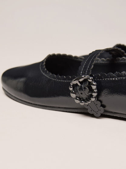 Dsiney Kidz - Lipsy Black Faux Leather Scalloped Flat Mary Jane School Shoes Ballerina image 6