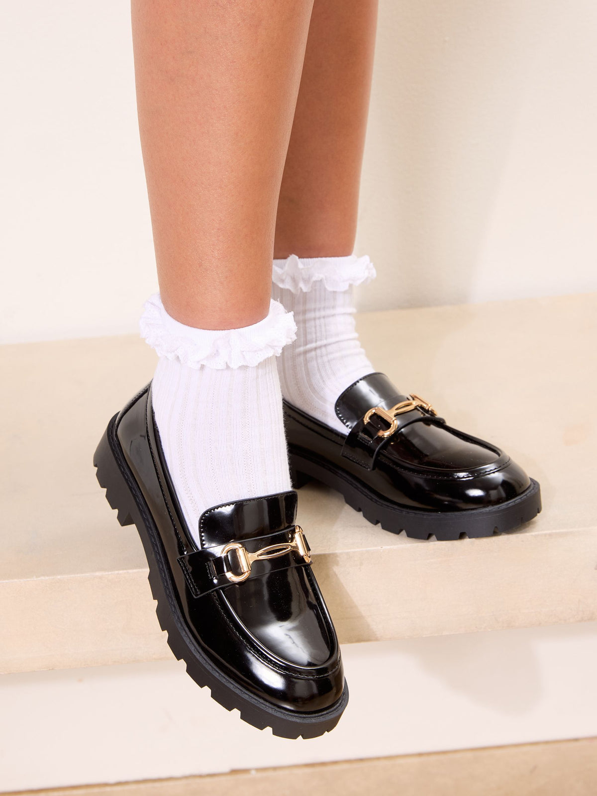 Dsiney Kidz - Lipsy Black Chunky Snaffle Detail Cleated Slip On School Shoes Loafers image 1