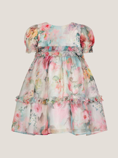 Monsoon Pink Baby Puff Sleeve Floral Chiffon Party Dress image 1