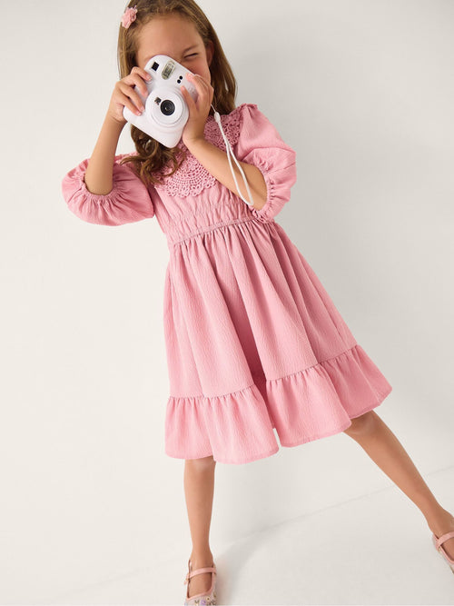 Monsoon Pink Crochet Yoke Tiered Dress image 1