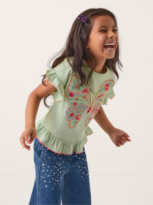 Monsoon Green Butterfly Embellished Frill T-Shirt image 1